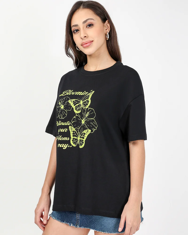 bewakoof Women's Jet Black Bloomin Graphic Printed Oversized T-shirt